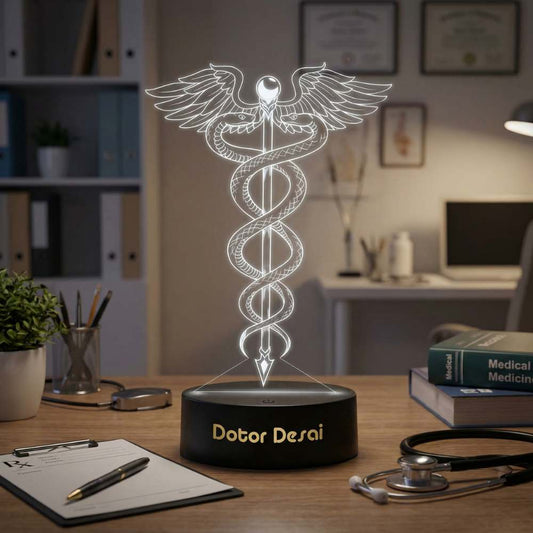 Moskai Doctor Symbol Personalised LED Lamp – Custom Name Medical Caduceus Night Light with LED Base
