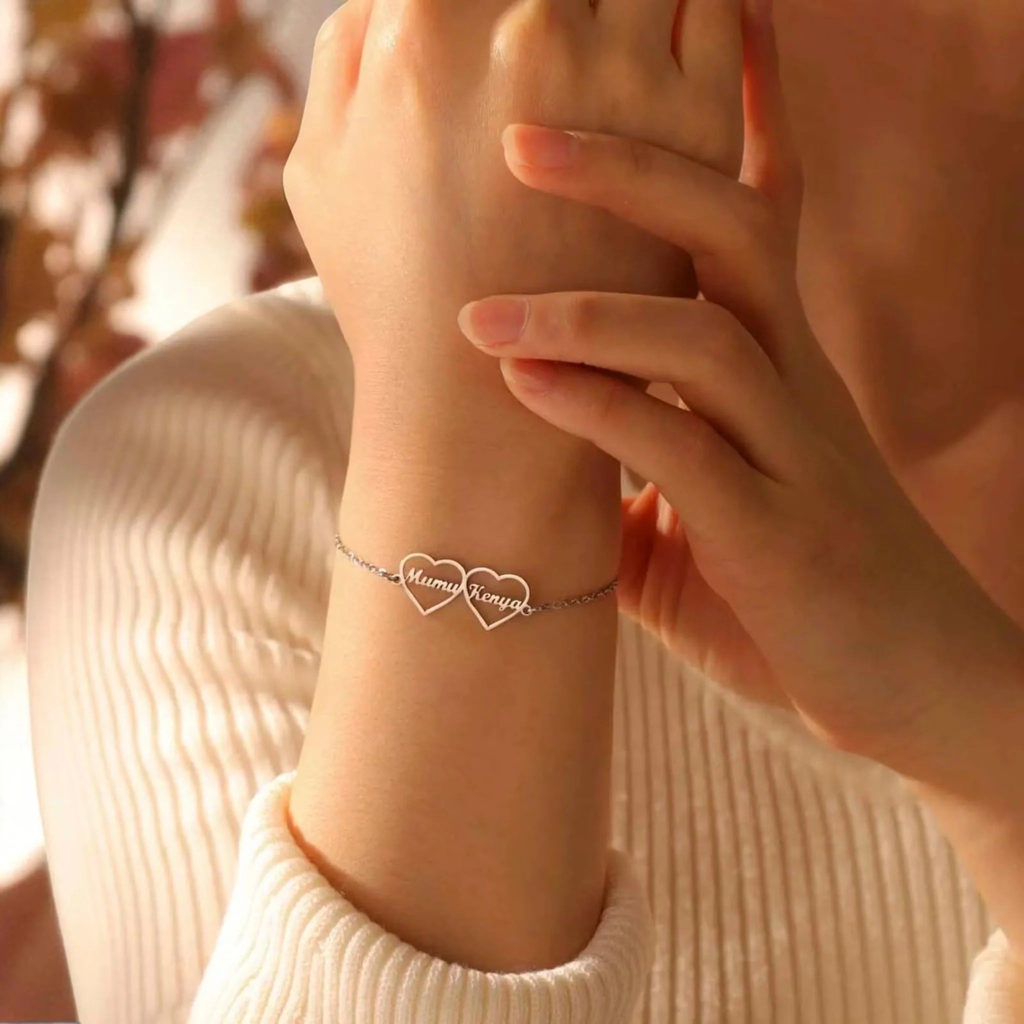 Custom Double Heart Name Bracelet - Personalised Couple Name Chain Bracelet for Women & Girls