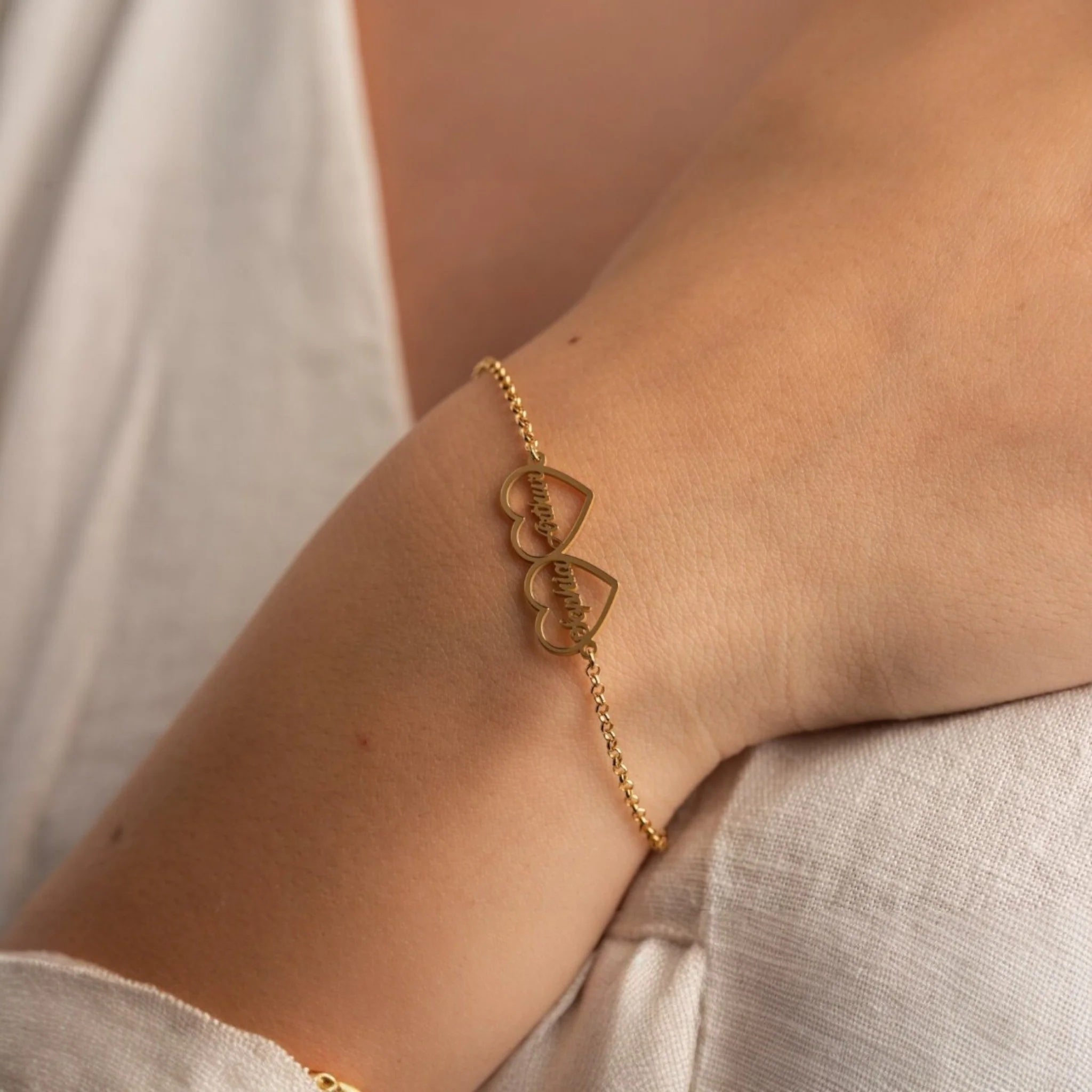 Custom Double Heart Name Bracelet - Personalised Couple Name Chain Bracelet for Women & Girls