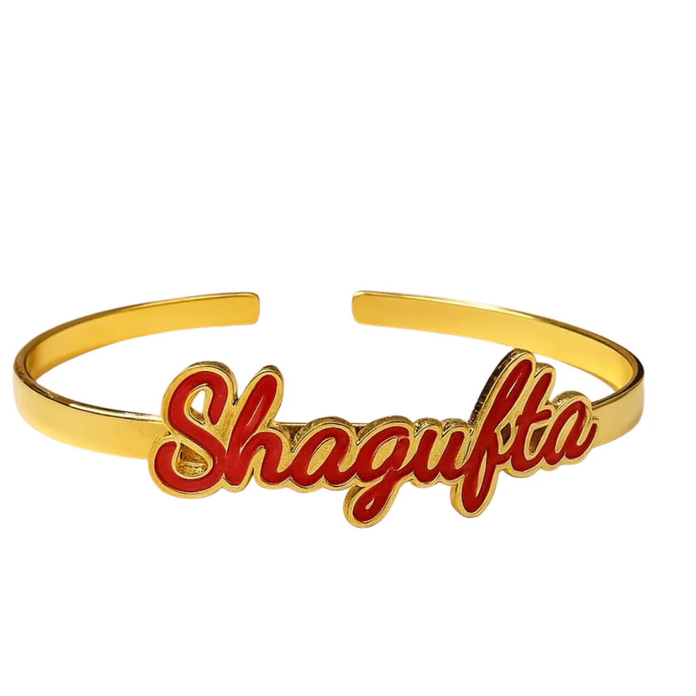 Personalized Red Enamel Name Cuff Bracelet - Gold Plated Custom Name Bangle for Women
