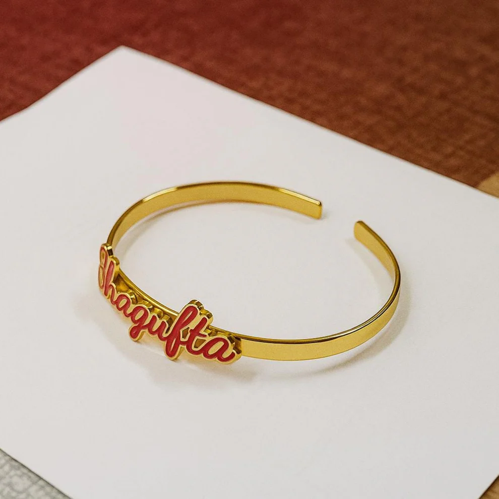 Personalized Red Enamel Name Cuff Bracelet - Gold Plated Custom Name Bangle for Women