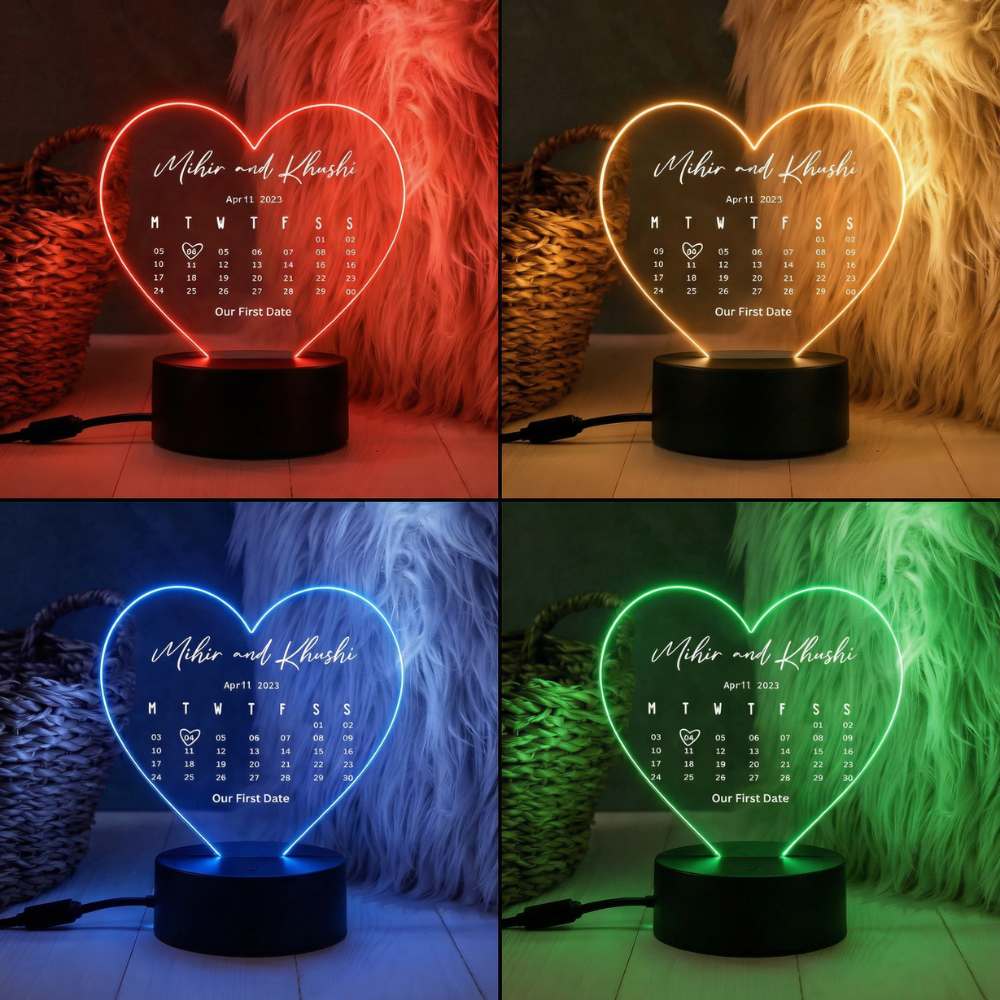 Moskai First Date Personalised LED Lamp – Custom Heart Calendar Night Light for Couples