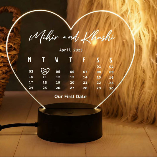 Moskai First Date Personalised LED Lamp – Custom Heart Calendar Night Light for Couples