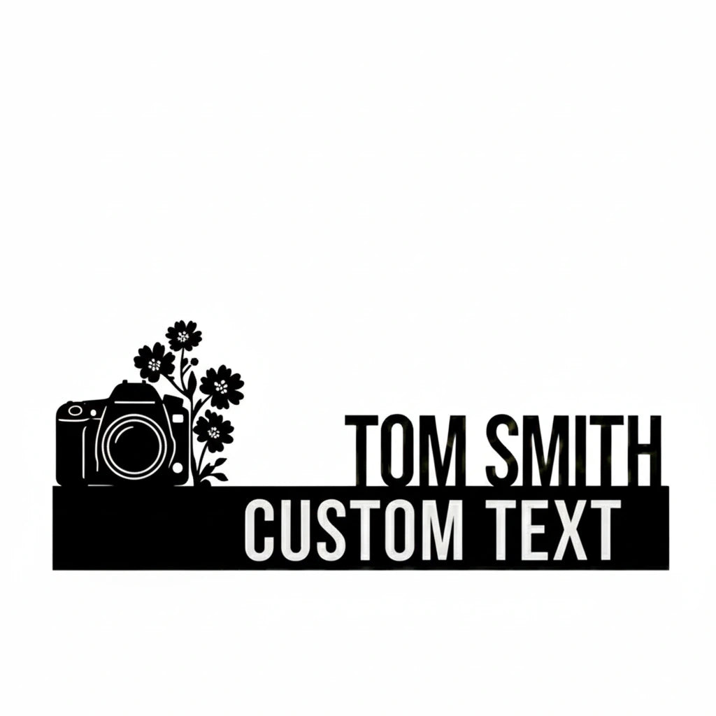 Personalized Photographer Desk Name Plate - Custom Stainless Steel Photography Studio Table Sign - Camera & Flowers Office Decor