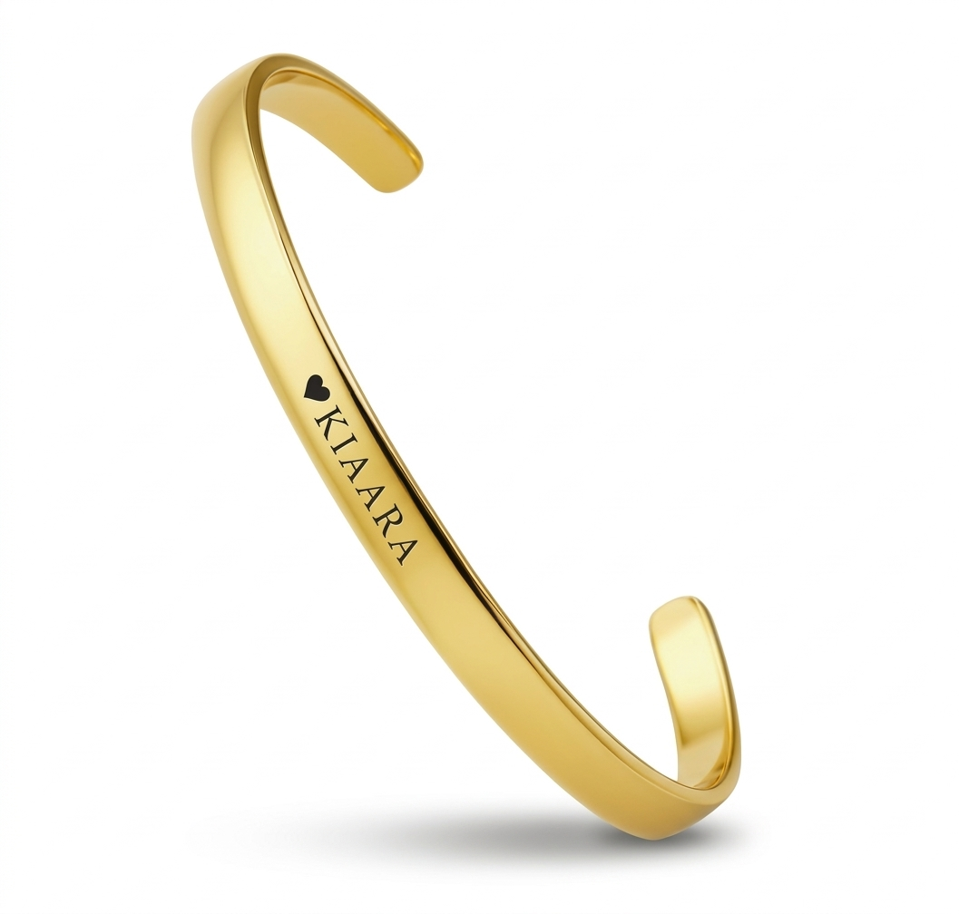 Personalized Engraved Name Cuff Bracelet with Heart - Gold Plated Custom Bangle for Women & Girls