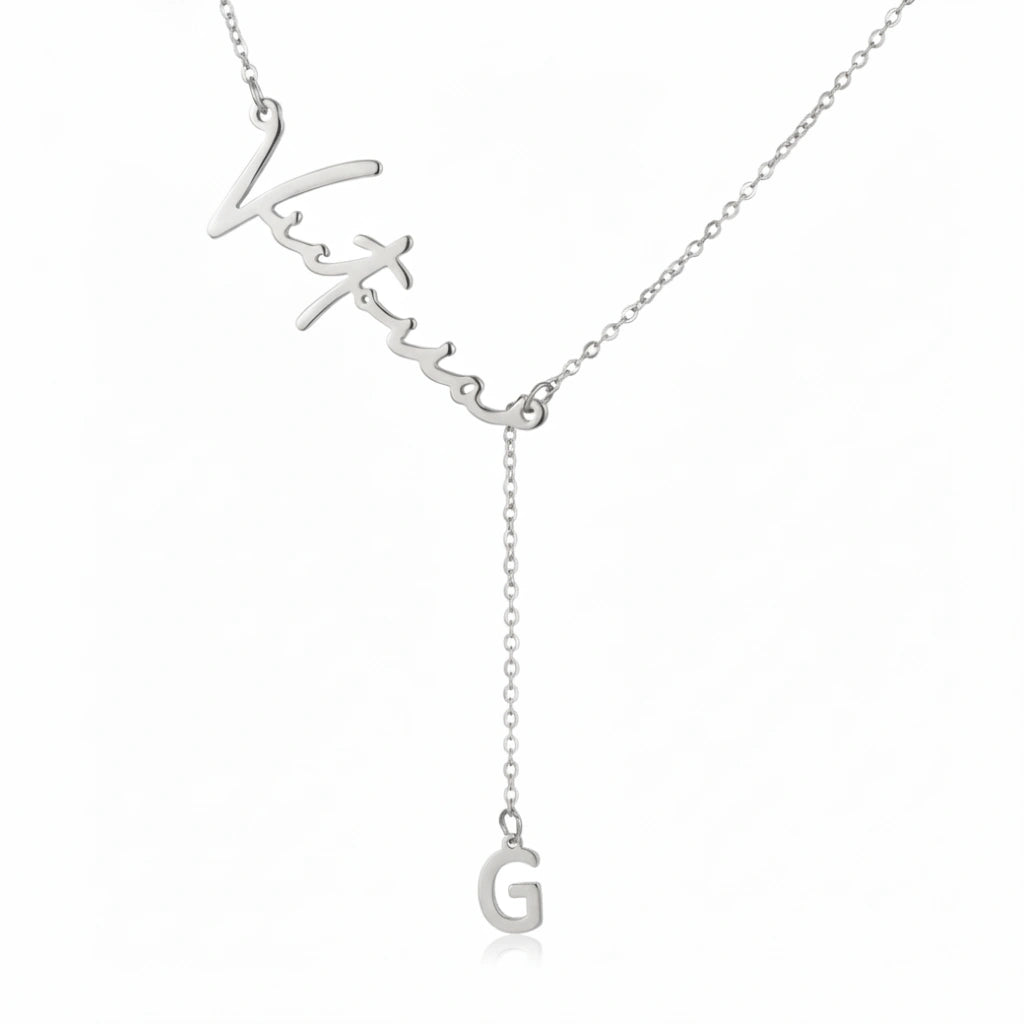 Custom Signature Name & Initial Y-Lariat Necklace – Personalized Script Nameplate with Dainty Alphabet Drop