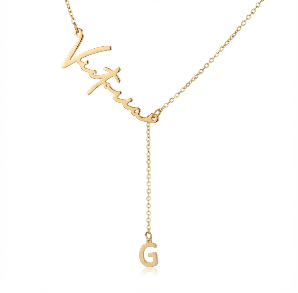 Custom Signature Name & Initial Y-Lariat Necklace – Personalized Script Nameplate with Dainty Alphabet Drop