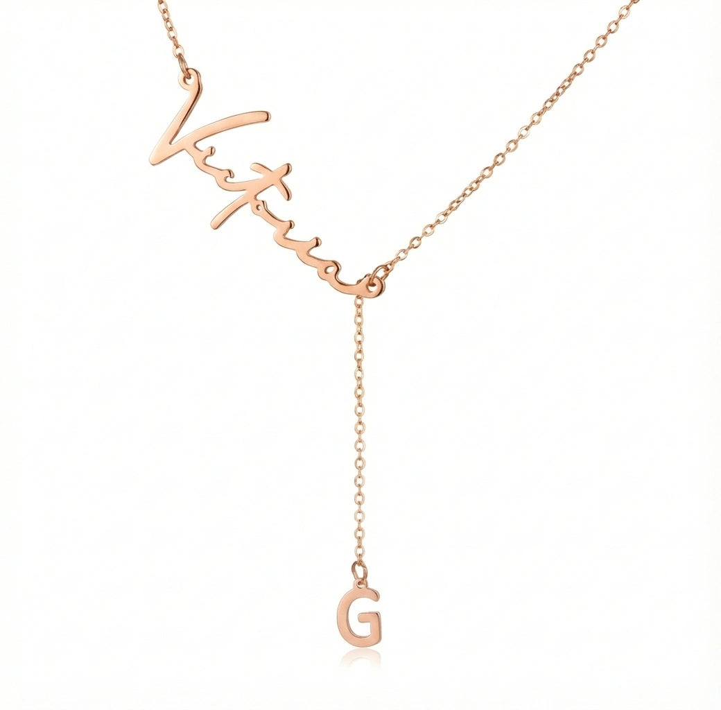 Custom Signature Name & Initial Y-Lariat Necklace – Personalized Script Nameplate with Dainty Alphabet Drop