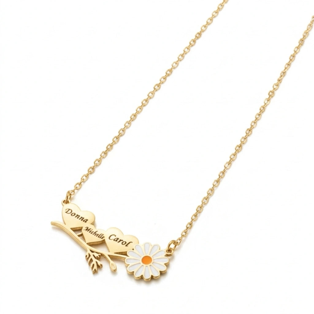 Personalized 3 Name Heart Necklace with Daisy Charm-- Custom Engraved Triple Nameplate Pendant for Women & Moms
