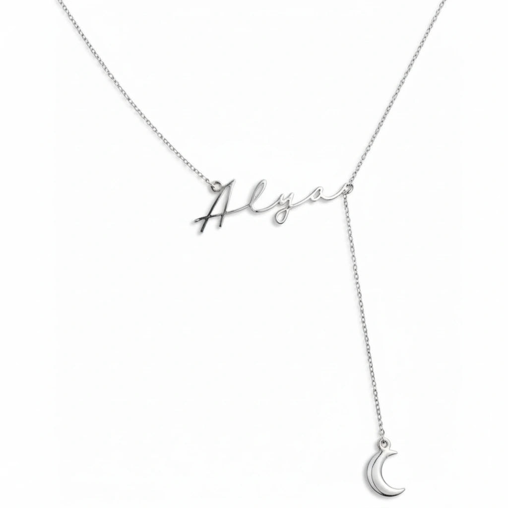 Custom Script Name & Crescent Moon Y-Lariat Necklace – Personalized Lariat Nameplate with Celestial Moon Charm