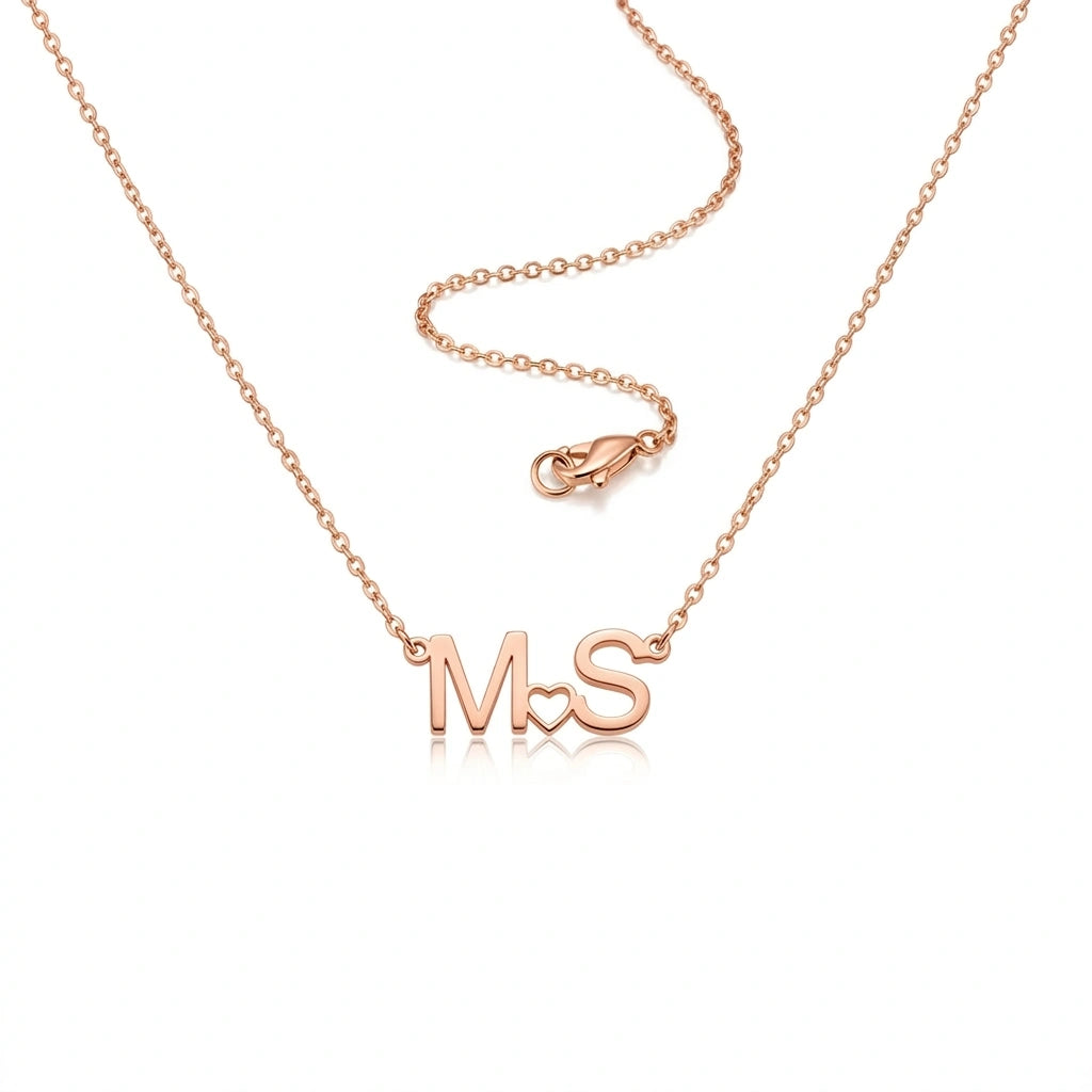 Personalized Couple Initial Necklace with Heart - Custom Two Letter Nameplate Pendant for Women