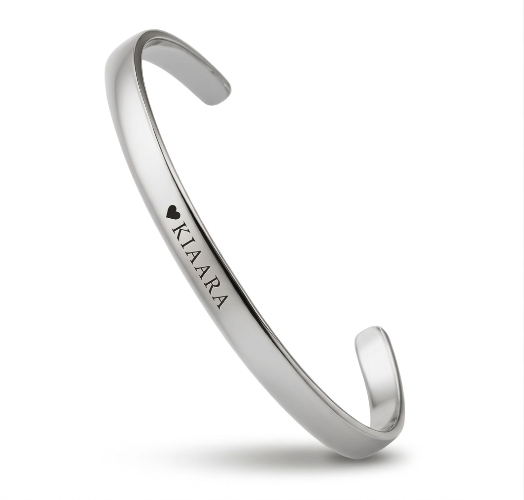 Personalized Engraved Name Cuff Bracelet with Heart - Gold Plated Custom Bangle for Women & Girls