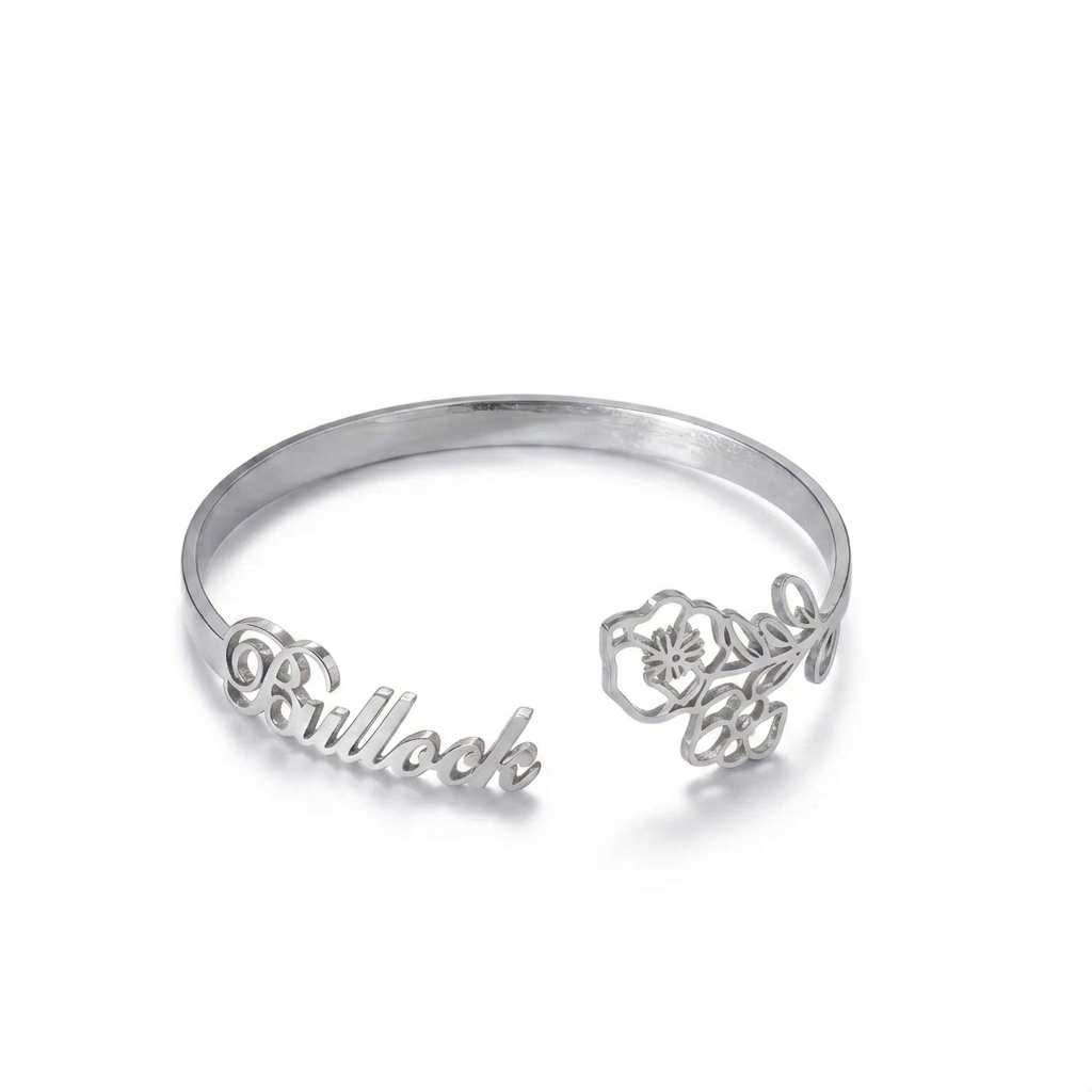 Personalized Name & Flower Cuff Bracelet - Gold Plated Custom Bangle for Women & Girls
