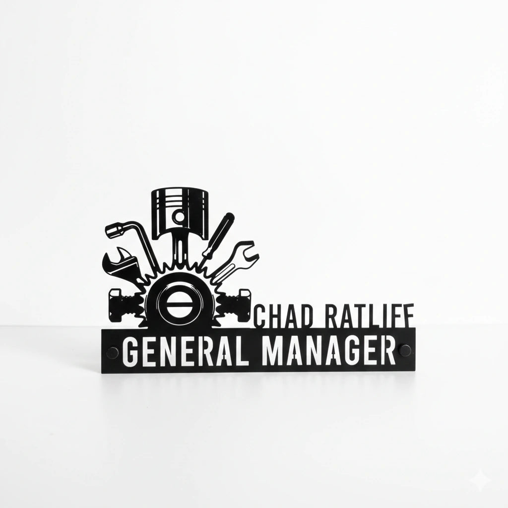 Custom General Manager Name Plate - Personalized Stainless Steel Automobile Dealer Desk Sign, Mechanic Office Decor