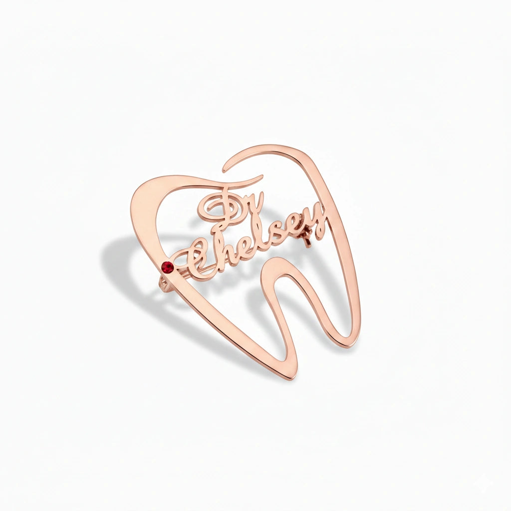 Customised Tooth Name Brooch Pin with Red Stone | Custom Dental Brooch