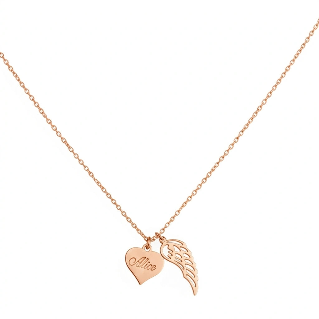 Personalized Heart Necklace with Angel Wing Charm - Custom Name Engraved Memorial Pendant for Women & Girls