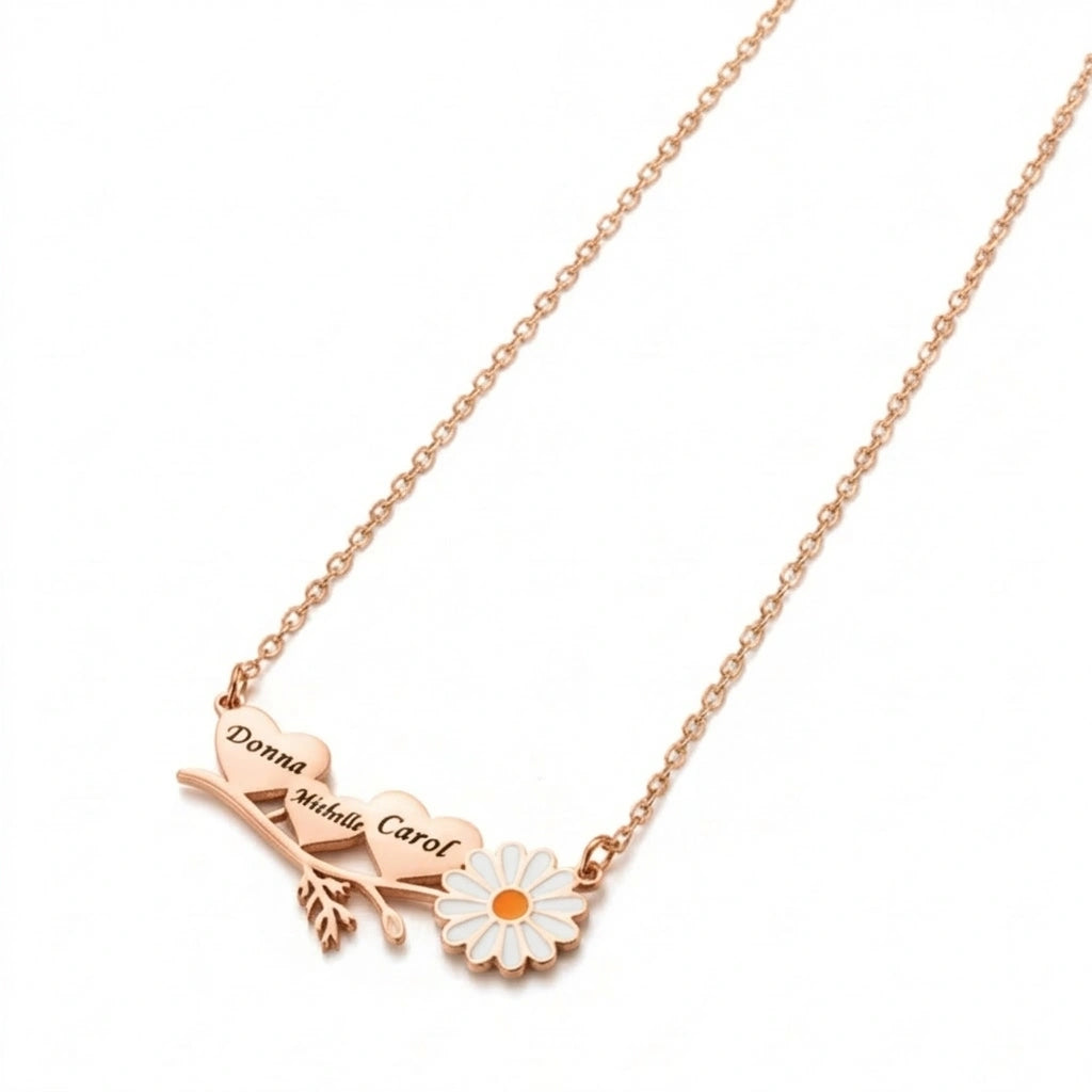 Personalized 3 Name Heart Necklace with Daisy Charm-- Custom Engraved Triple Nameplate Pendant for Women & Moms