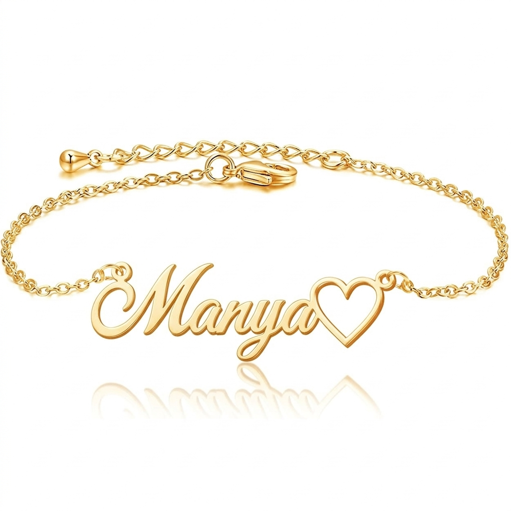 Personalized Chain Name Bracelet with Heart - Gold Plated Custom Nameplate for Women & Girls