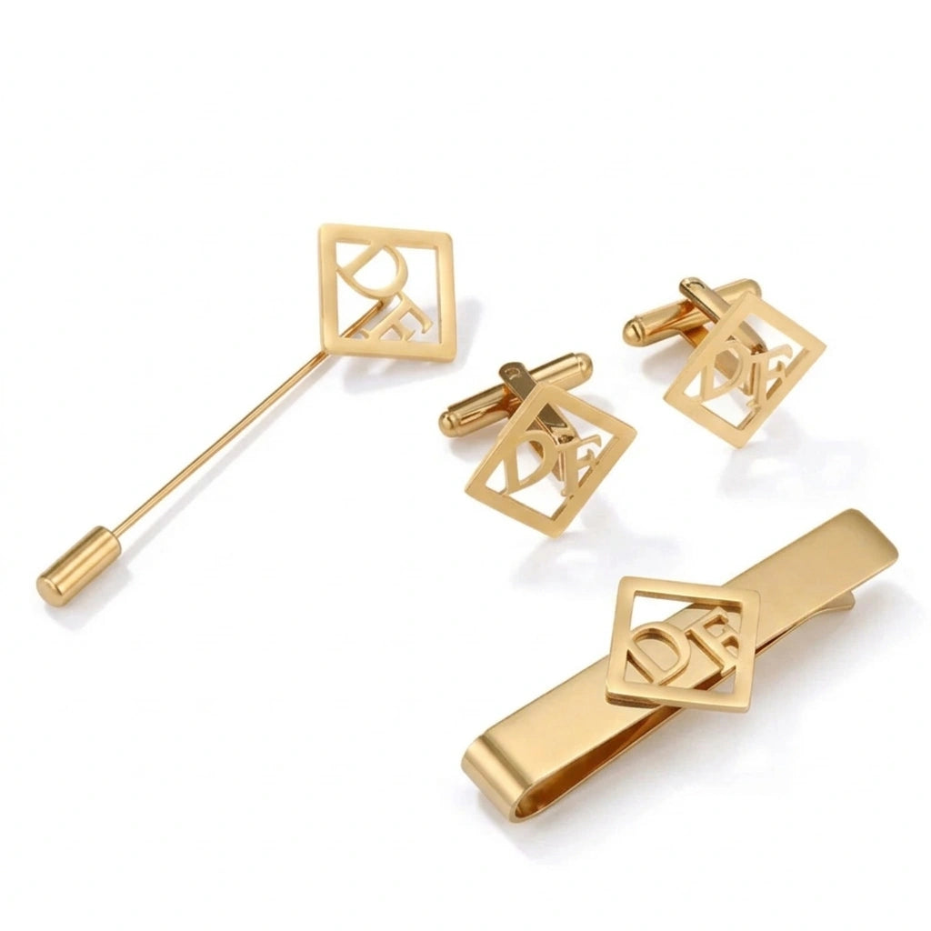 Custom Square Initial Cufflinks, Tie Clip & Lapel Pin Set - Personalized Brass Men’s Jewelry Gift