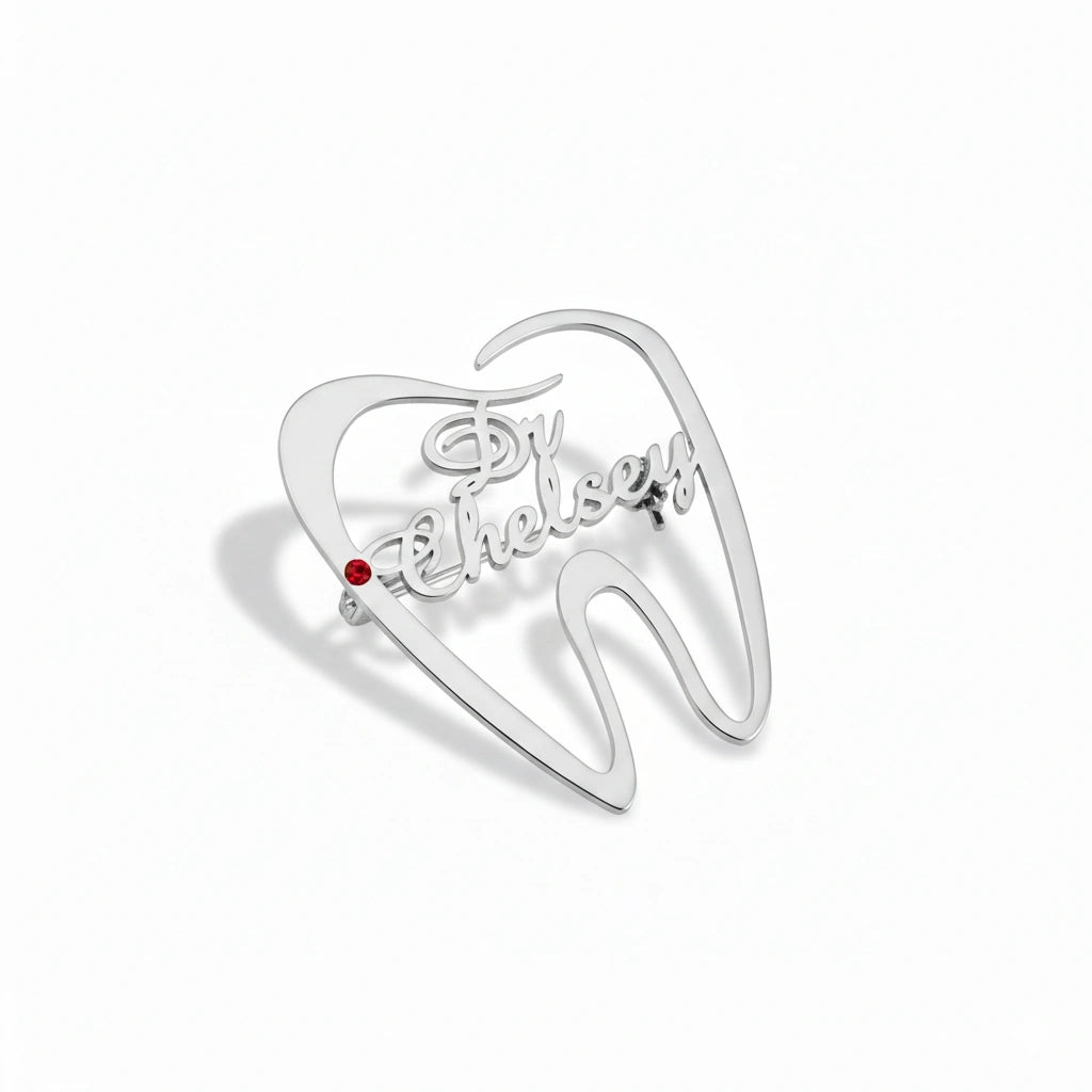 Customised Tooth Name Brooch Pin with Red Stone | Custom Dental Brooch