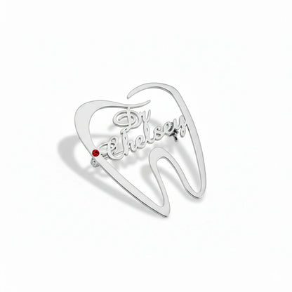 Customised Tooth Name Brooch Pin with Red Stone | Custom Dental Brooch