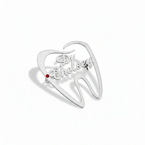 Customised Tooth Name Brooch Pin with Red Stone | Custom Dental Brooch