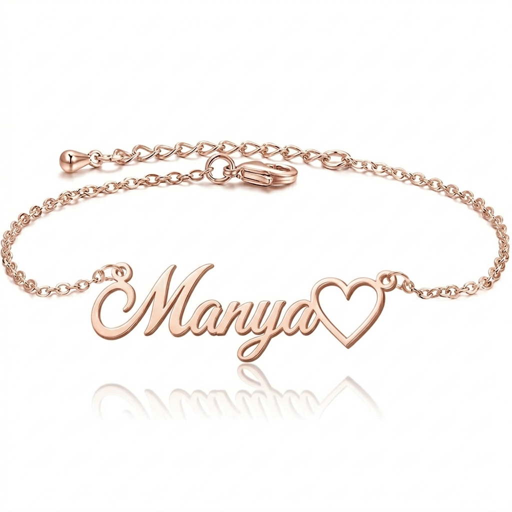 Personalized Chain Name Bracelet with Heart - Gold Plated Custom Nameplate for Women & Girls