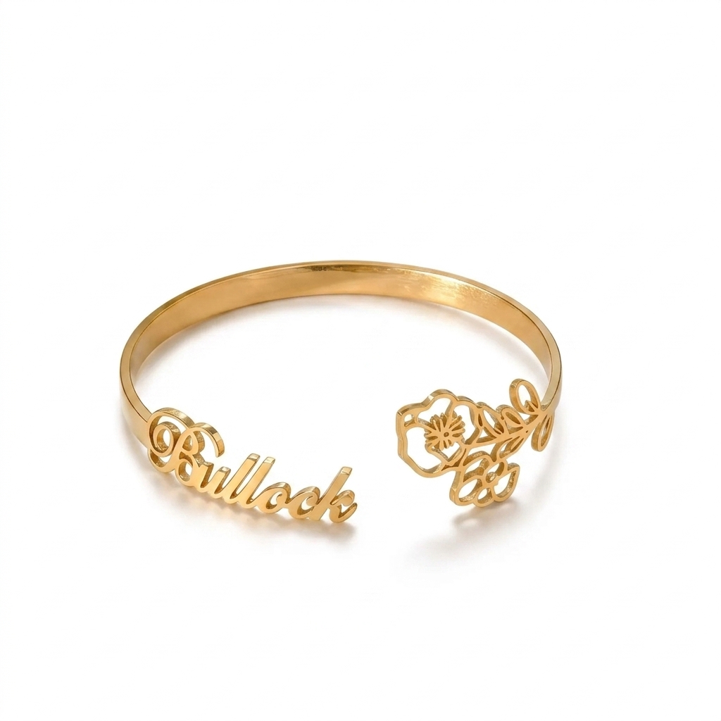 Personalized Name & Flower Cuff Bracelet - Gold Plated Custom Bangle for Women & Girls