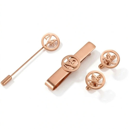 Custom Round Initial Cufflinks, Tie Clip & Lapel Pin Combo - Personalized Brass Men’s Accessory Set