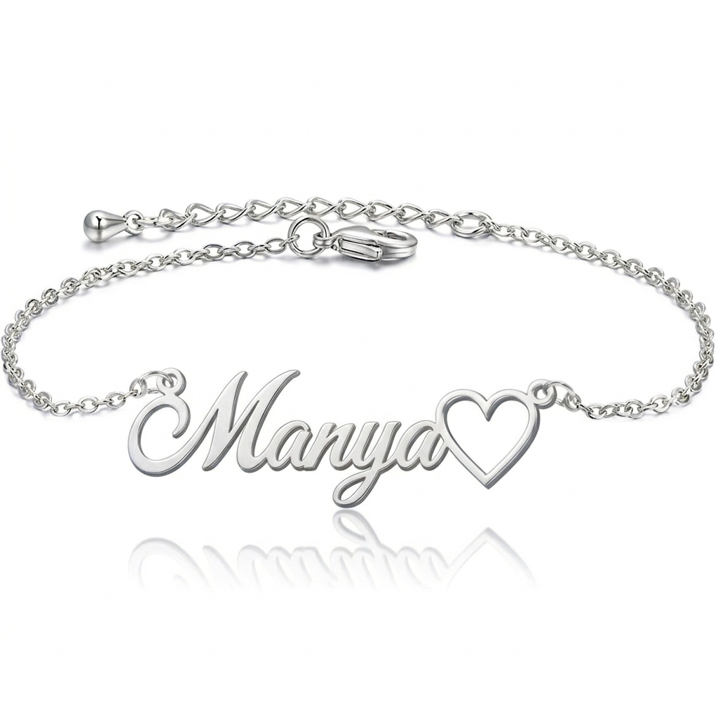 Personalized Chain Name Bracelet with Heart - Gold Plated Custom Nameplate for Women & Girls