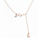 Custom Script Name & Crescent Moon Y-Lariat Necklace – Personalized Lariat Nameplate with Celestial Moon Charm