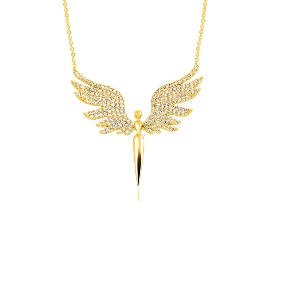 Moskai Gold Plated Diamond Studded Angel Wings Pendant Necklace