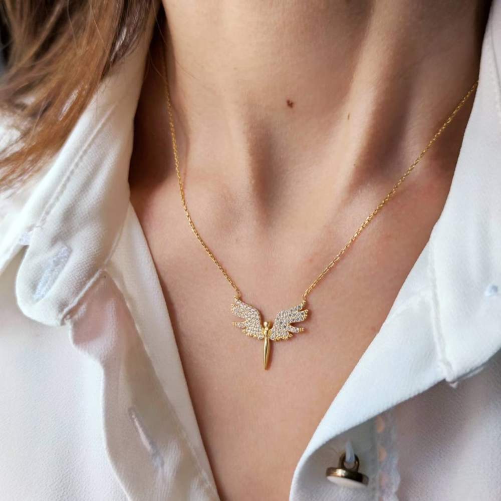 Moskai Gold Plated Diamond Studded Angel Wings Pendant Necklace