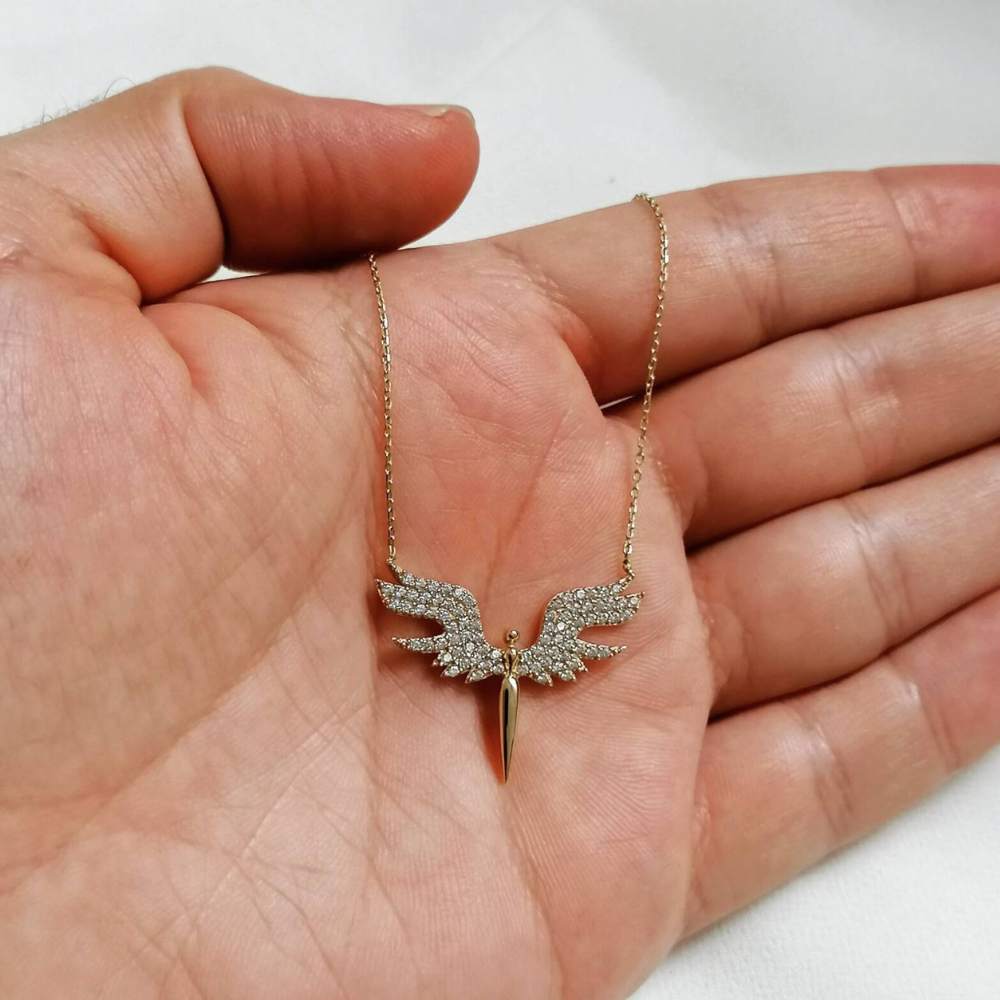 Moskai Gold Plated Diamond Studded Angel Wings Pendant Necklace