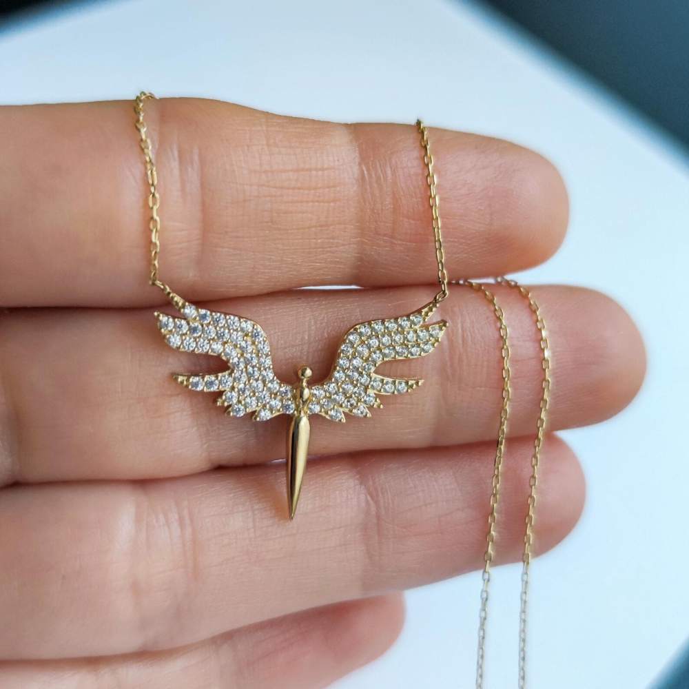 Moskai Gold Plated Diamond Studded Angel Wings Pendant Necklace