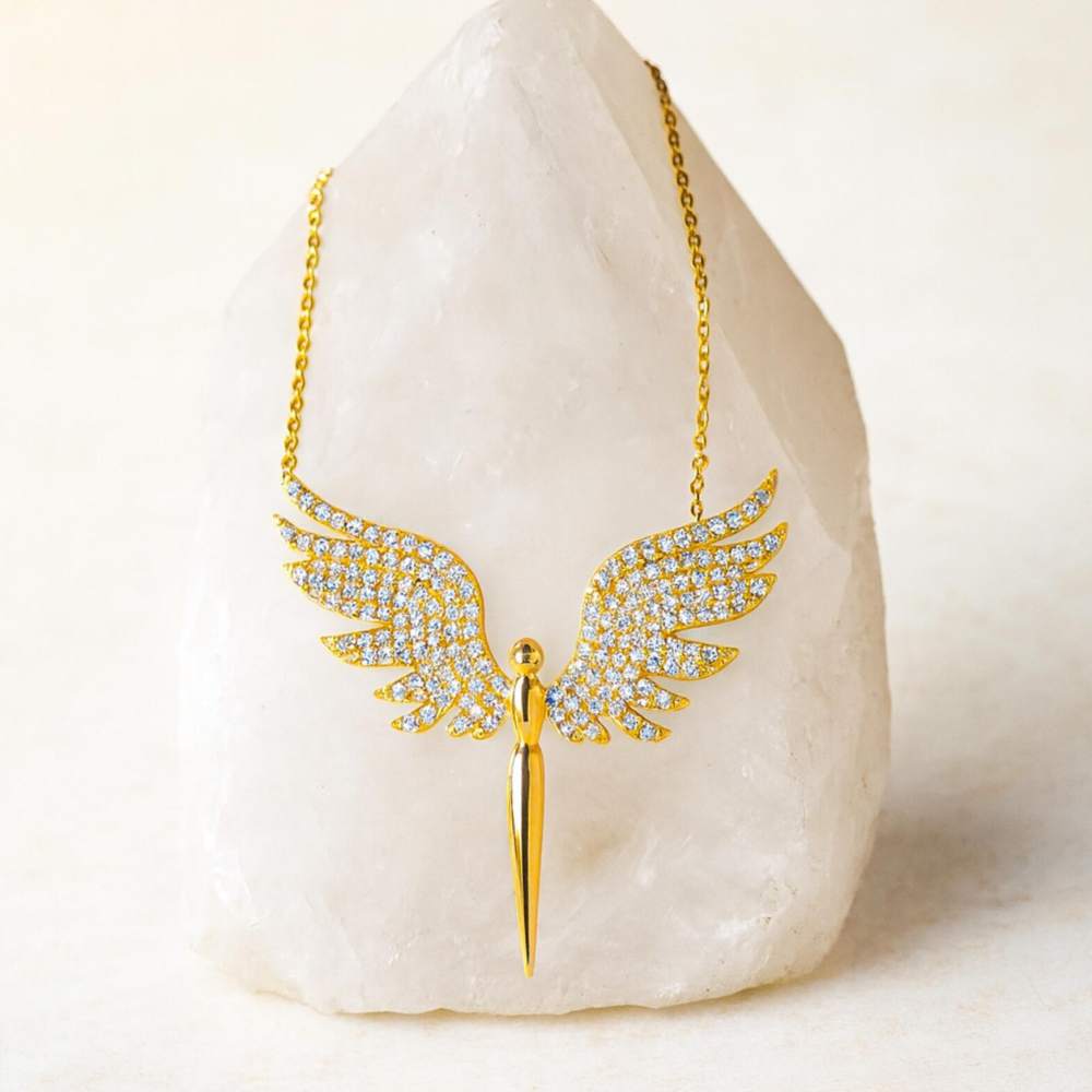 Moskai Gold Plated Diamond Studded Angel Wings Pendant Necklace
