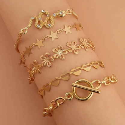 Gold Plated Charm Bracelet Set | Adjustable Modern Design |
