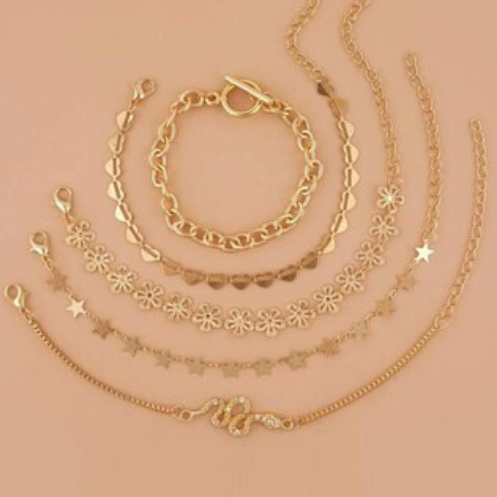 Gold Plated Charm Bracelet Set | Adjustable Modern Design |