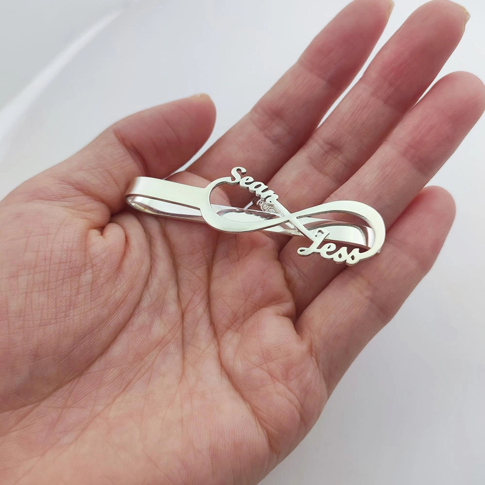 Personalised Infinity Couple Name Tie Clip for Men Engraved Brass Tie Bar, Wedding Groom Tie Pin Gift