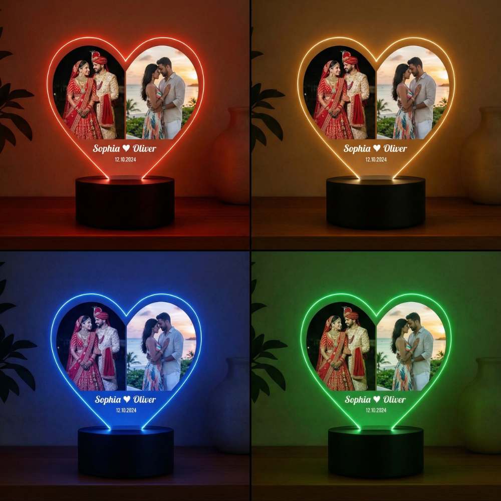 Moskai Happy Anniversary Couple Photo LED Lamp – Personalised Heart Shape 3D Night Light with Custom Names & Date