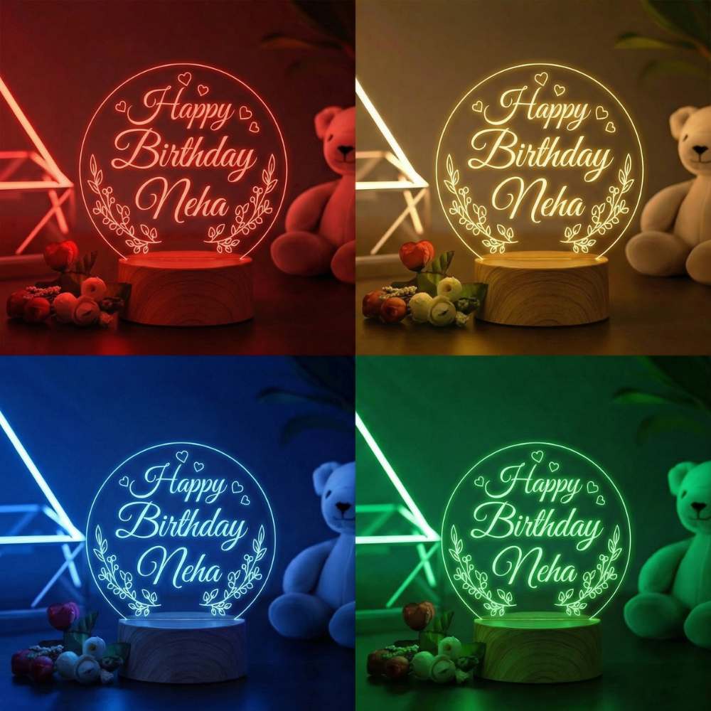 Moskai Happy Birthday Personalised LED Lamp – Custom Name 3D Illusion Night Light with Multicolor LED Base