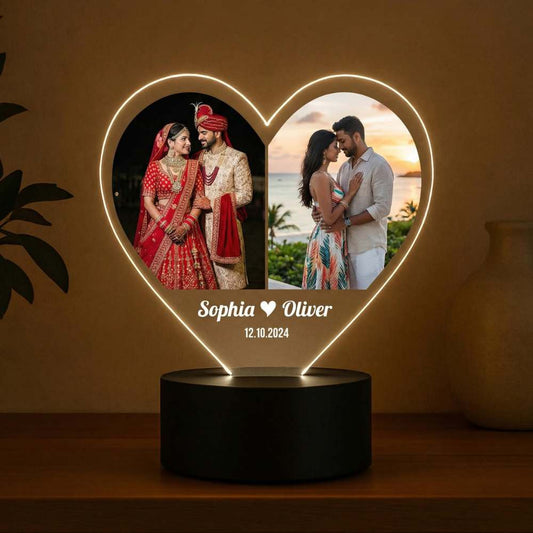 Moskai Happy Anniversary Couple Photo LED Lamp – Personalised Heart Shape 3D Night Light with Custom Names & Date