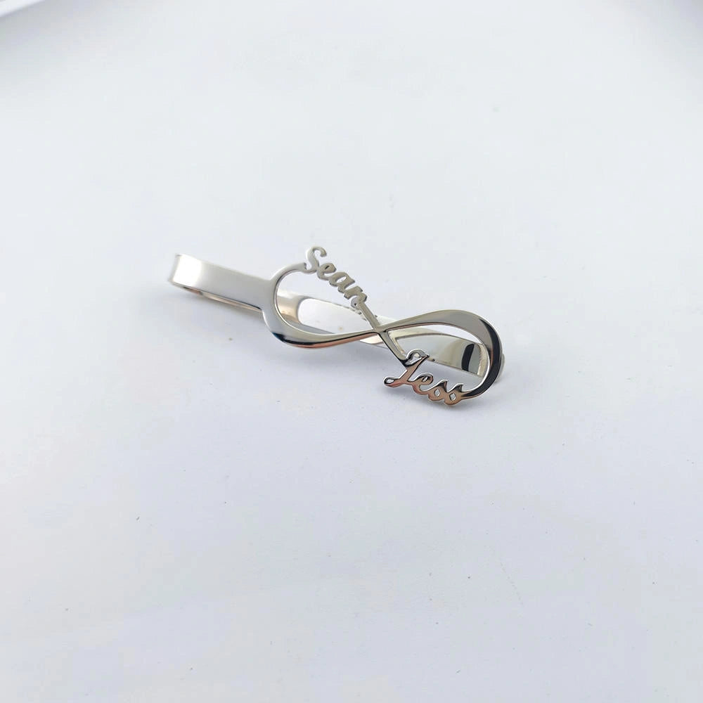 Personalised Infinity Couple Name Tie Clip for Men Engraved Brass Tie Bar, Wedding Groom Tie Pin Gift