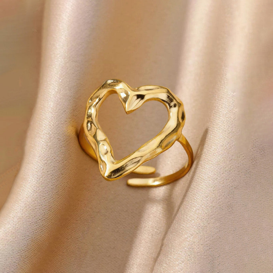 MOSKAI Gold Plated Heart Themed Adjustable Ring | Stainless Steel Anti Tarnish Jewelry