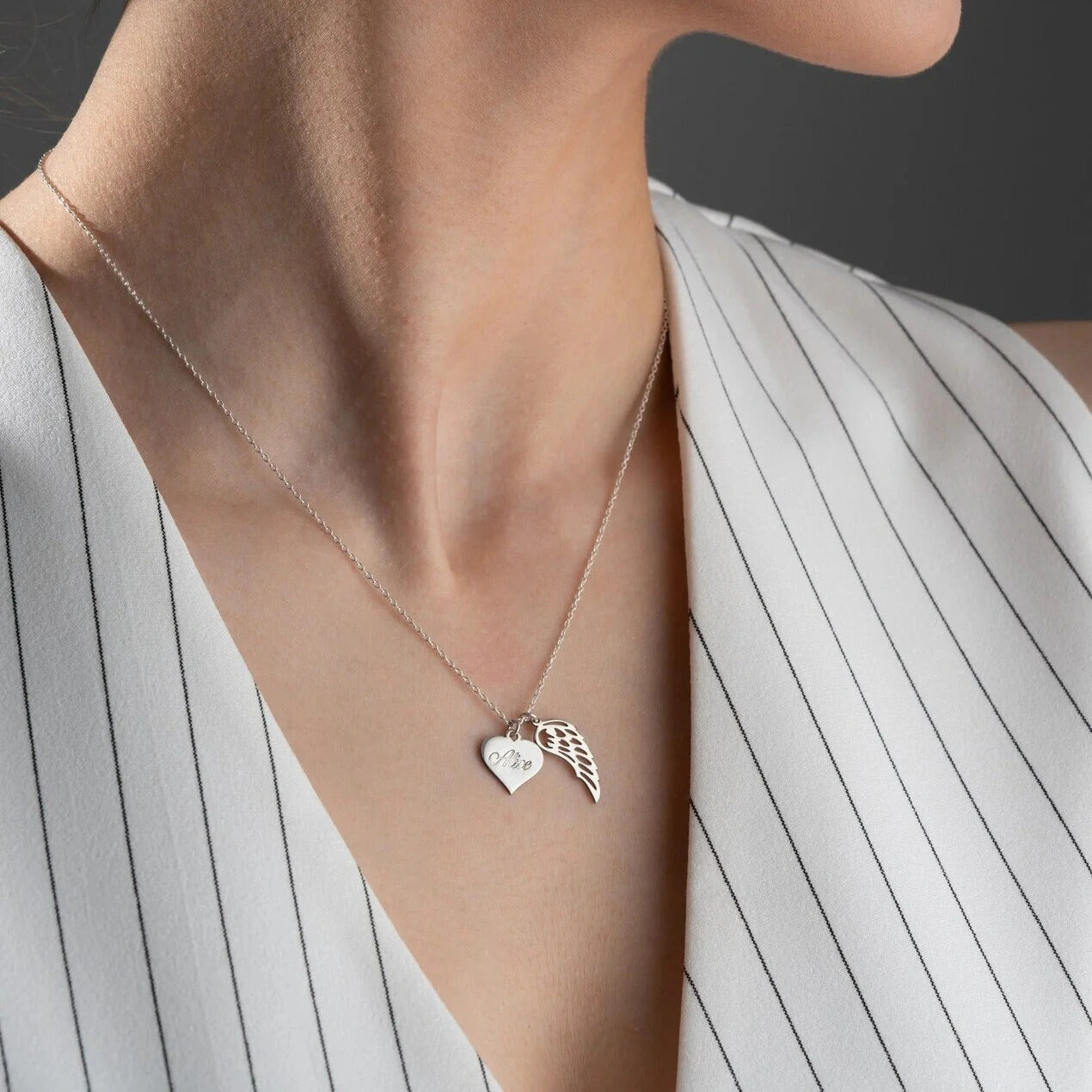 Personalized Heart Necklace with Angel Wing Charm - Custom Name Engraved Memorial Pendant for Women & Girls