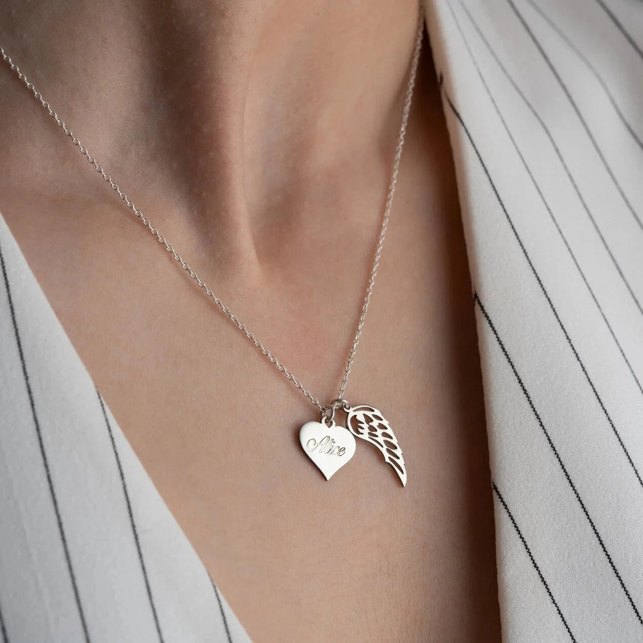 Personalized Heart Necklace with Angel Wing Charm - Custom Name Engraved Memorial Pendant for Women & Girls