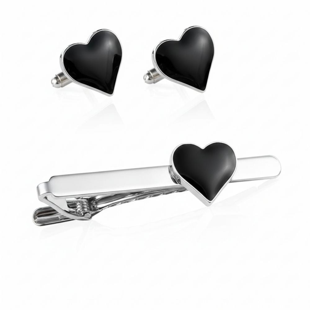 Moskai Heart Cufflink & Tie Clip Combo | Red & Black Heart Set | Valentine Love Collection Gift for Him