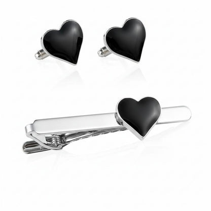 Moskai Heart Cufflink & Tie Clip Combo | Red & Black Heart Set | Valentine Love Collection Gift for Him