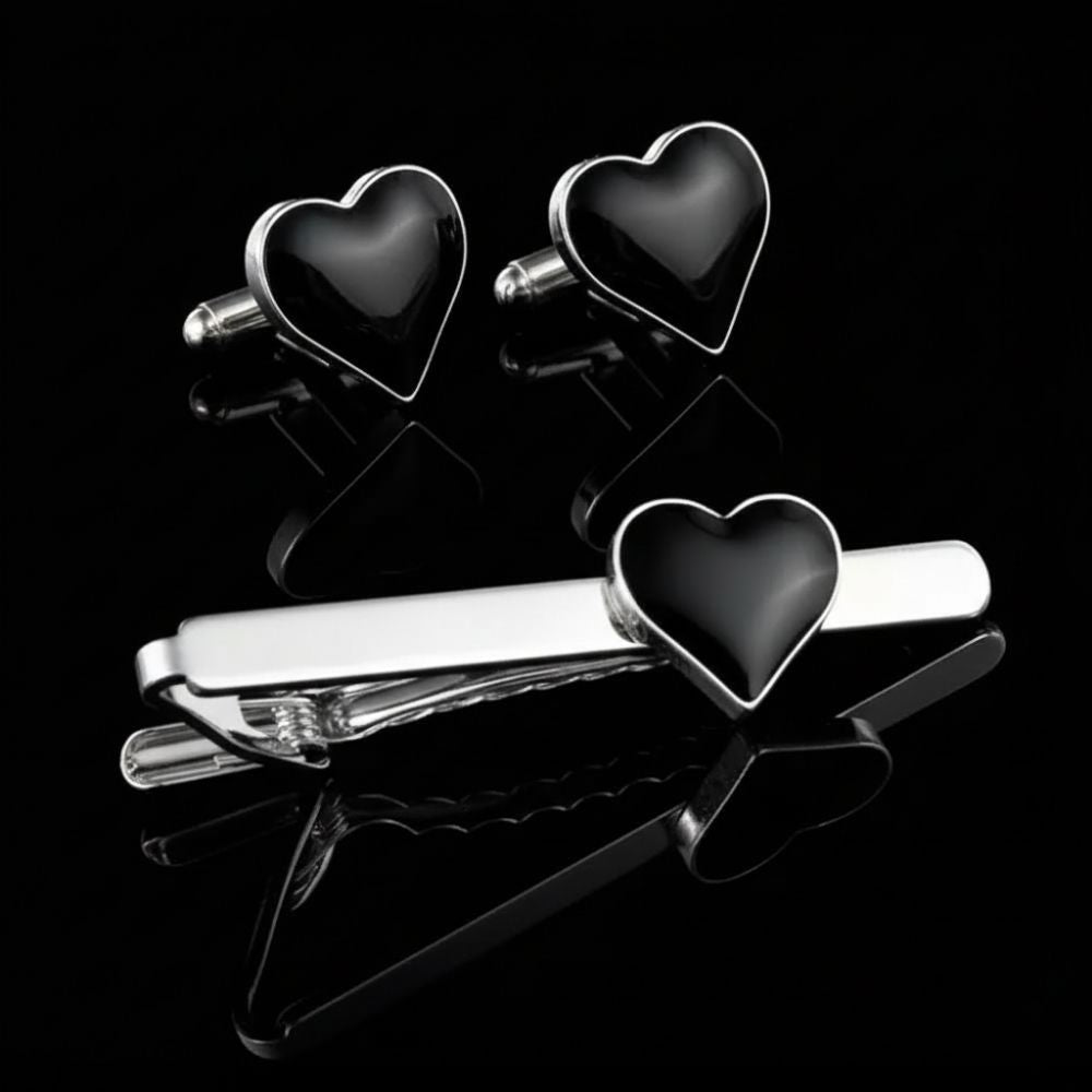 Moskai Heart Cufflink & Tie Clip Combo | Red & Black Heart Set | Valentine Love Collection Gift for Him