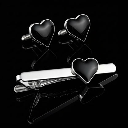 Moskai Heart Cufflink & Tie Clip Combo | Red & Black Heart Set | Valentine Love Collection Gift for Him